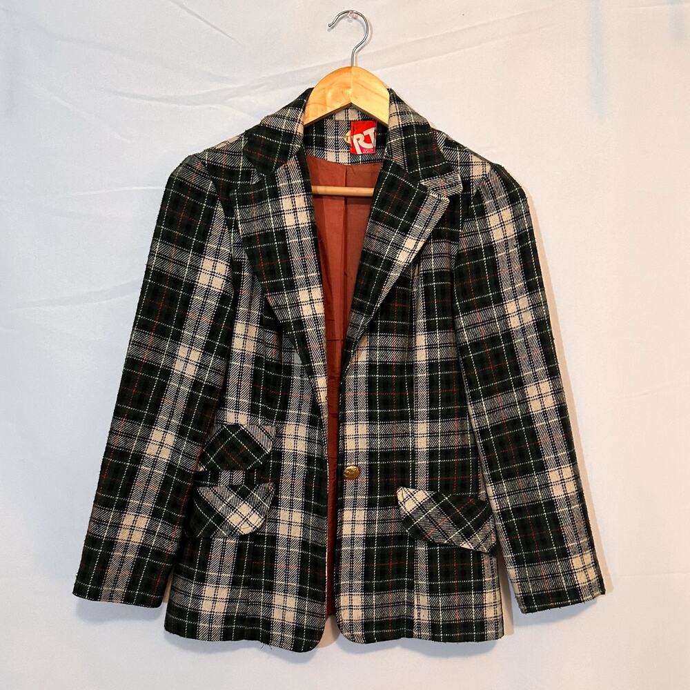 VINTAGE 90s Y2K RT Wool Green Plaid Blazer Sz. S - Picture 2 of 8